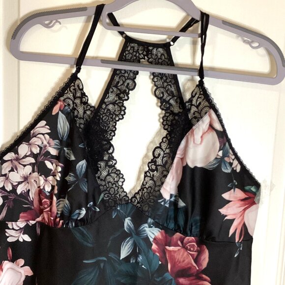 La Vie en Rose Womens Black Floral Satin Blend Lingerie Chemise XXL Babydoll - Picture 2 of 9